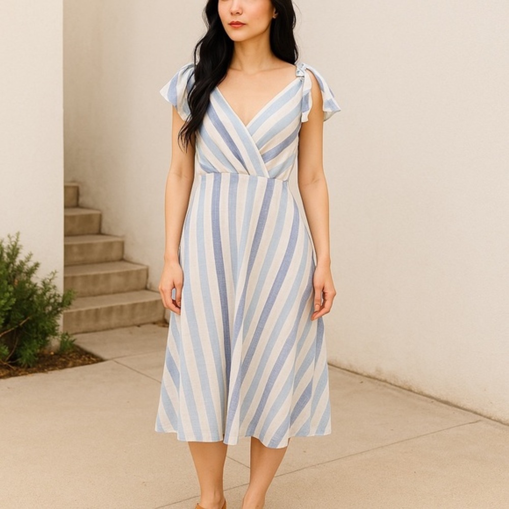 Lulu's Light Blue and White Striped Tie-Shoulder Midi Dress